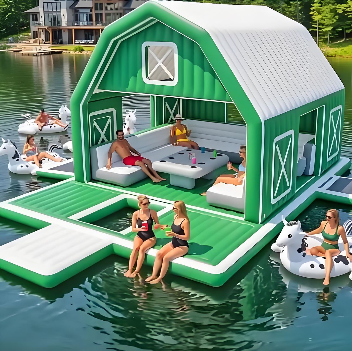 Green inflatable barn float on lake with multiple people relaxing on attached platforms