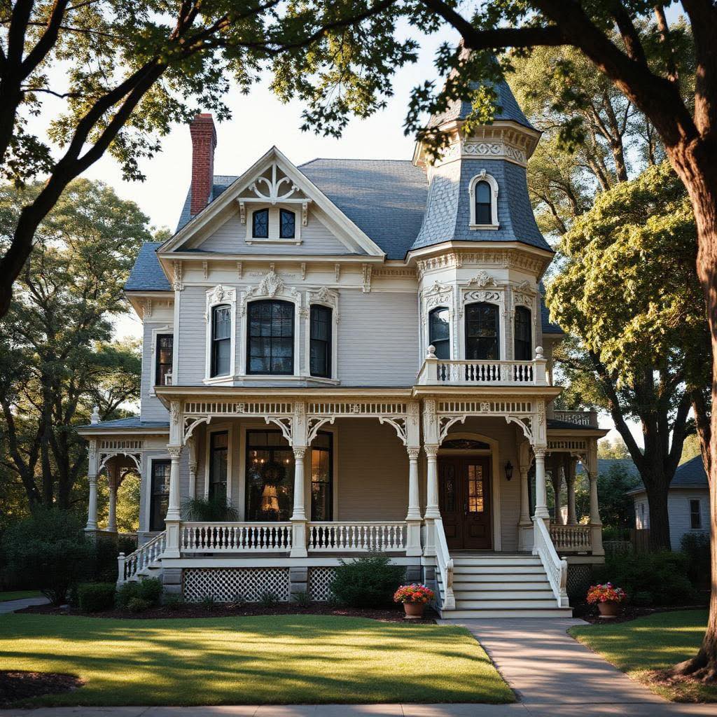 White Victorian mansion with turret and wraparound porch surrounded by oak trees