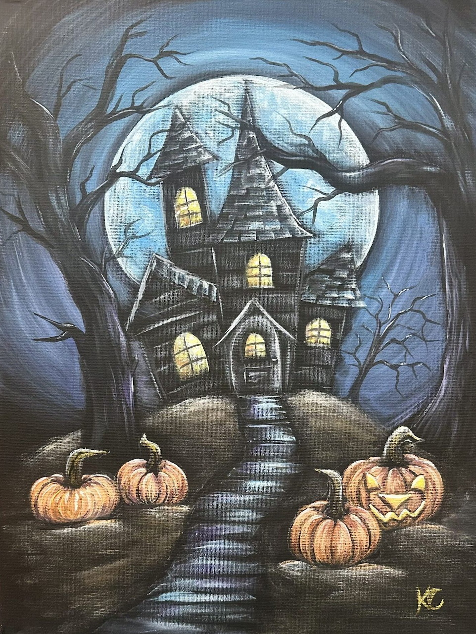 Dark haunted house with glowing windows under full moon, framed by twisted trees and carved pumpkins on a stone path