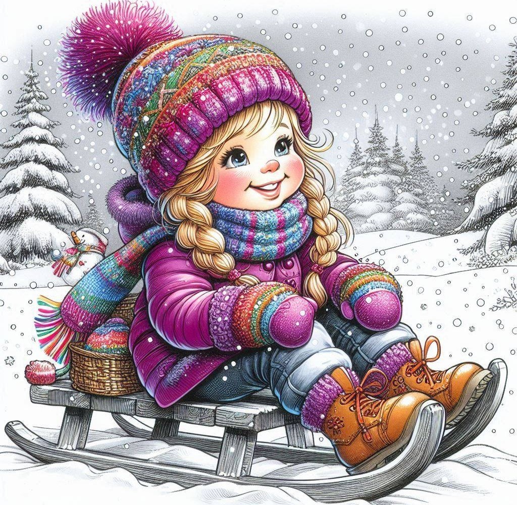 Smiling cartoon girl wearing purple and pink winter clothes sitting on a wooden sled in snow