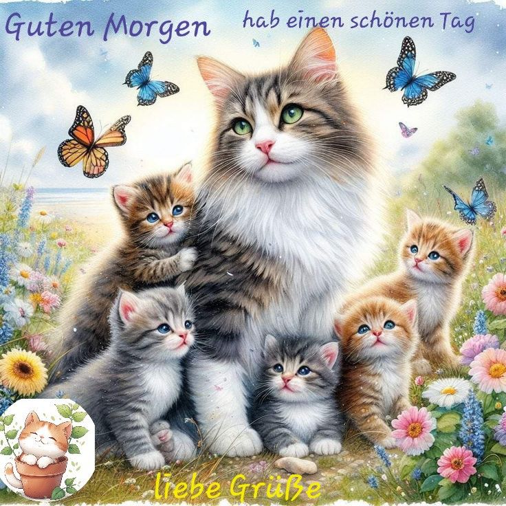 Fluffy mother cat with four kittens, flowers, and butterflies in a pastel garden illustration