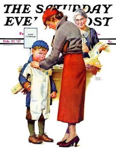 1937 Saturday Evening Post magazine cover showing mother with two children in vintage illustration style