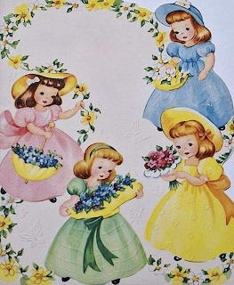 Illustration of four little girls in pastel dresses holding flowers within a yellow floral wreath