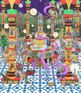 Colorful fantasy illustration of a courtyard party with a pink dragon, decorated columns, and checkered floor
