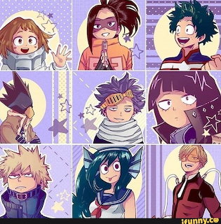 Nine-panel anime collage with colorful character portraits on a purple background