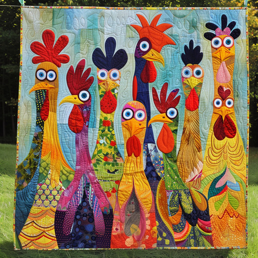 Colorful folk art chickens with decorative patterns and large eyes in vibrant hues
