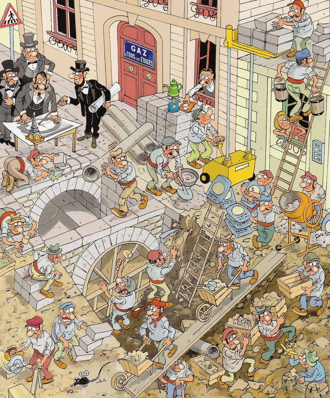 Cartoon illustration showing chaotic construction site with many workers, tools, and scaffolding on building facade