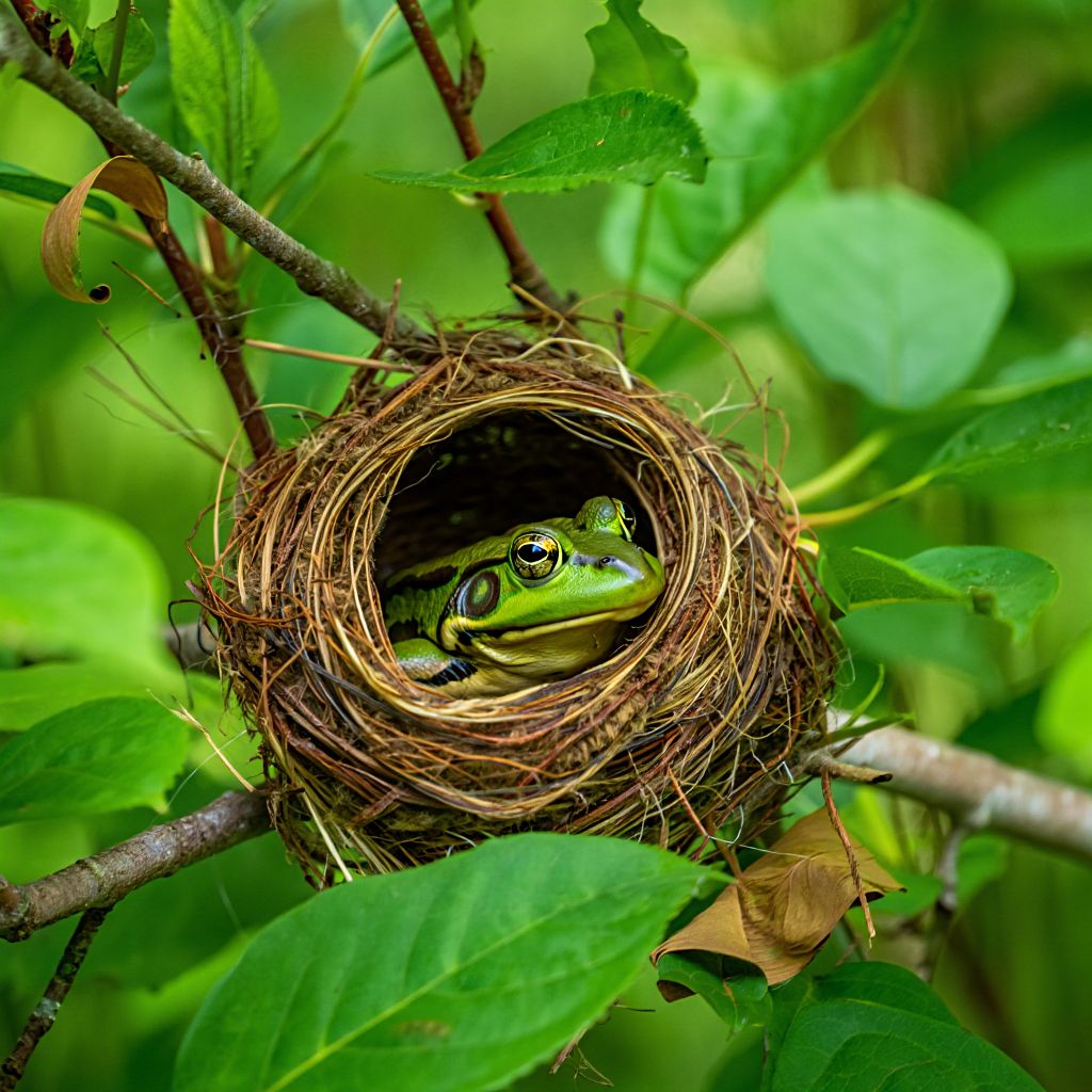 Green frog sitting in a bird nest among green leaves and branches
