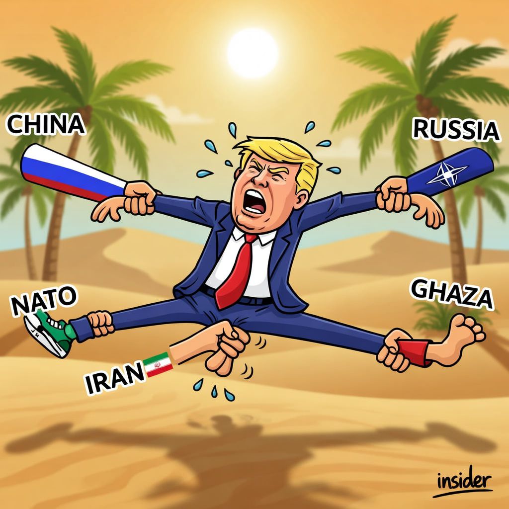 Cartoon of Donald Trump stretched by limbs labeled China, Russia, NATO, Iran, and Ghaza in a desert