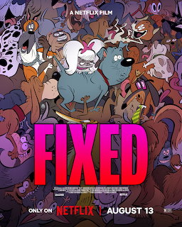 Animated poster for Fixed showing blue dog character surrounded by diverse cartoon animals