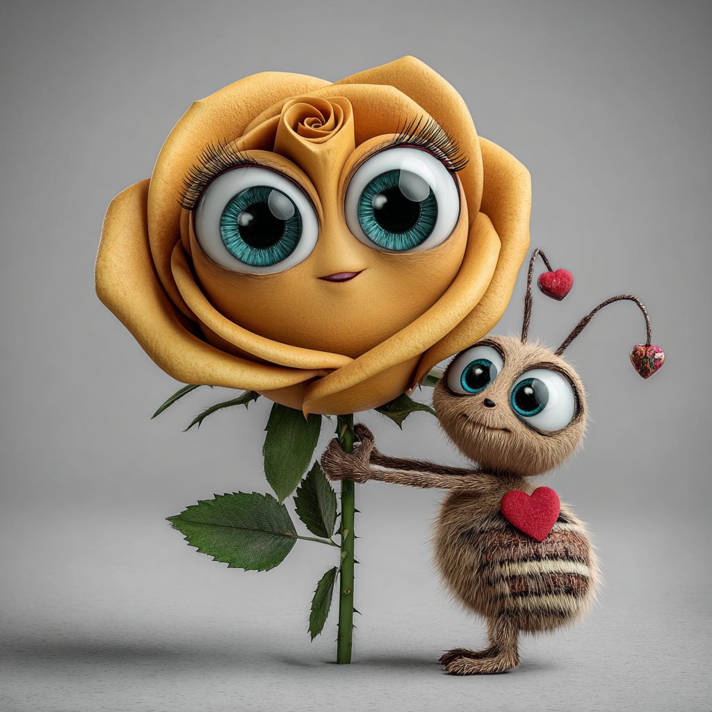 Cartoon yellow rose character with large blue eyes standing next to a cute striped bee character holding a small heart