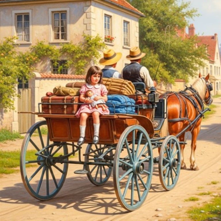 Young girl in a horse-drawn cart on a sunny village street with two adults and a brown horse