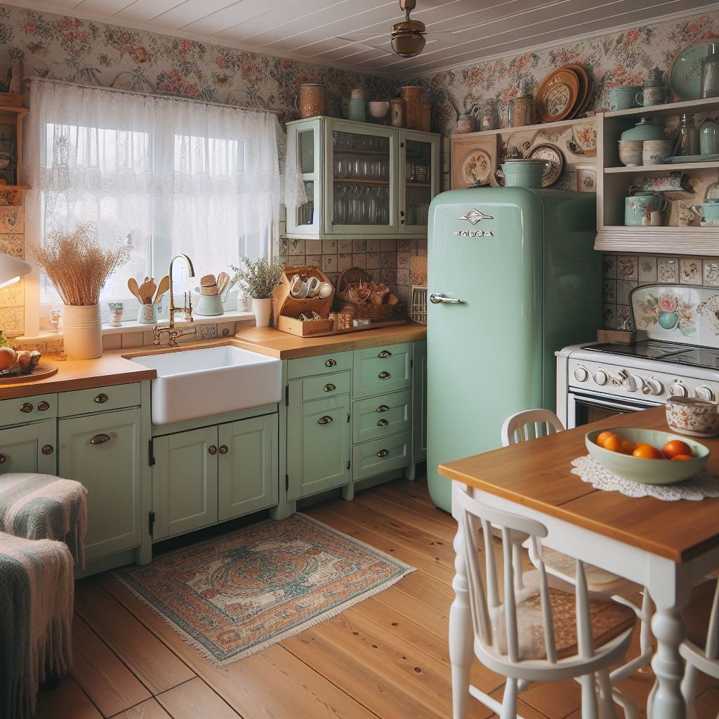 Cozy vintage kitchen with mint cabinets, retro fridge, wooden table, and floral wallpaper
