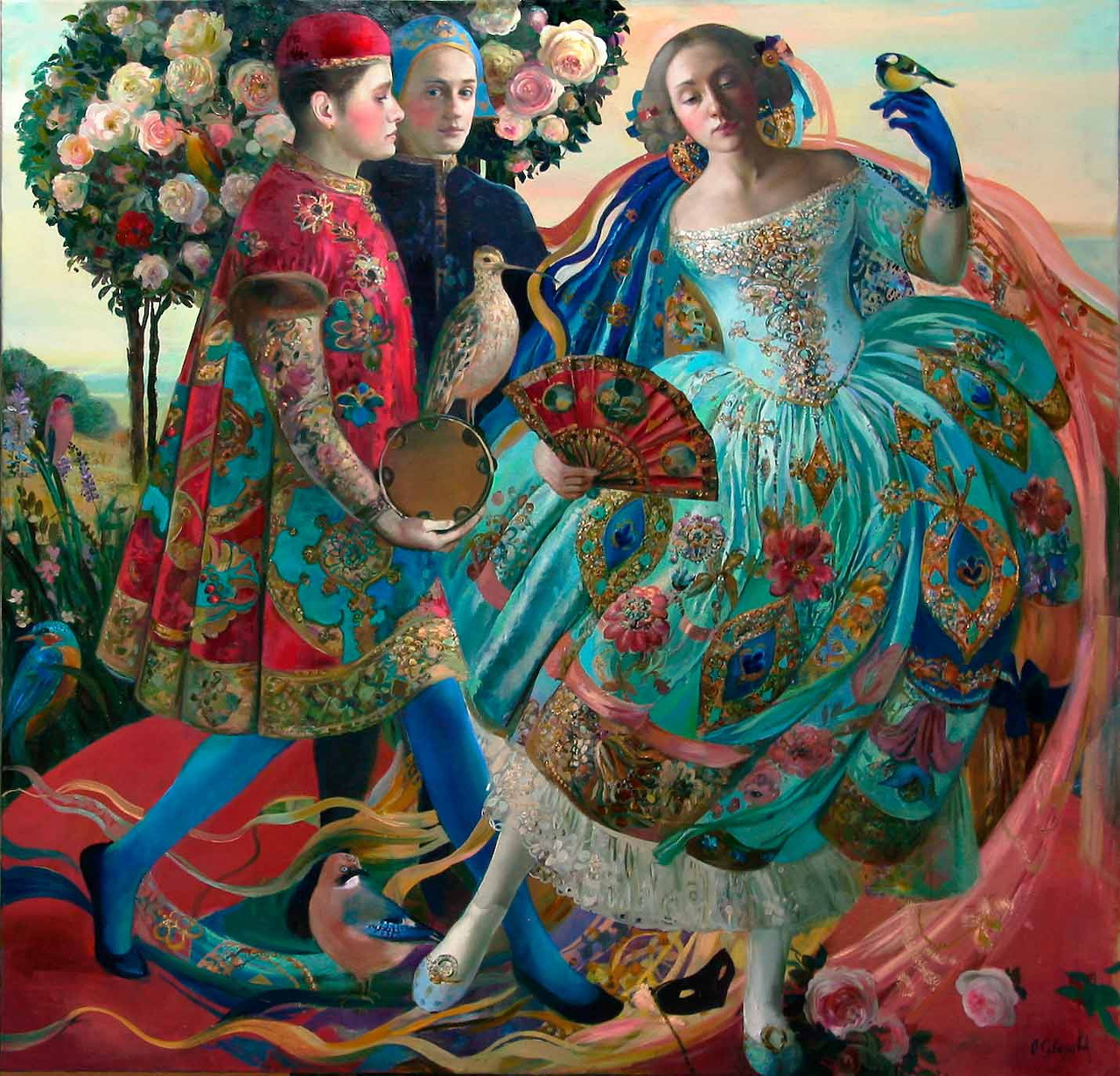 Theatrical scene with people in ornate historical costumes, floral patterns, and a peacock in a romantic landscape setting