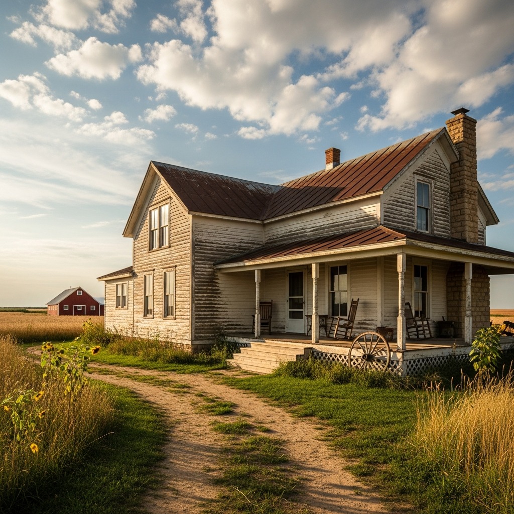 Old wooden farmhouse with porch in rural field under cloudy sky at golden hour