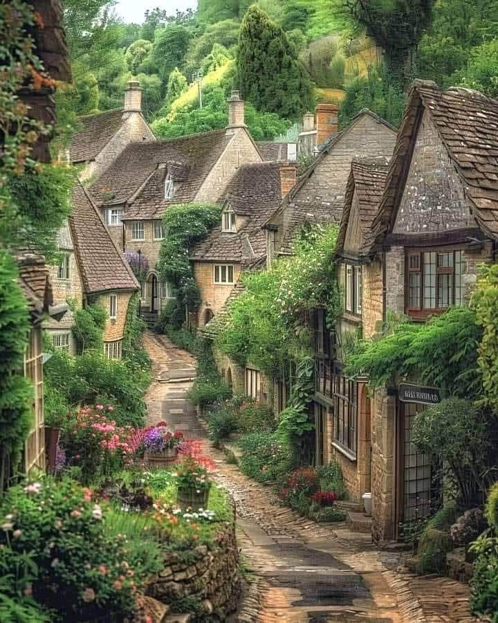 Narrow cobblestone lane lined with ivy-covered stone cottages and colorful flower gardens in an English village