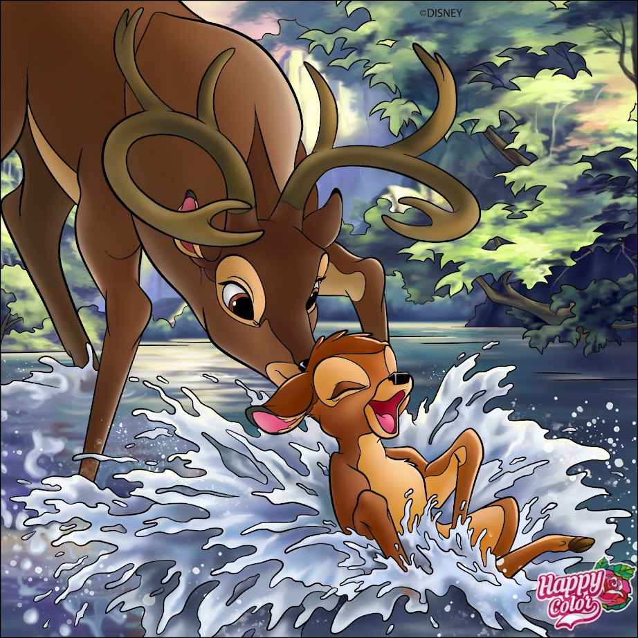 Young deer Bambi splashing in river water while adult stag with antlers looks on in forest setting