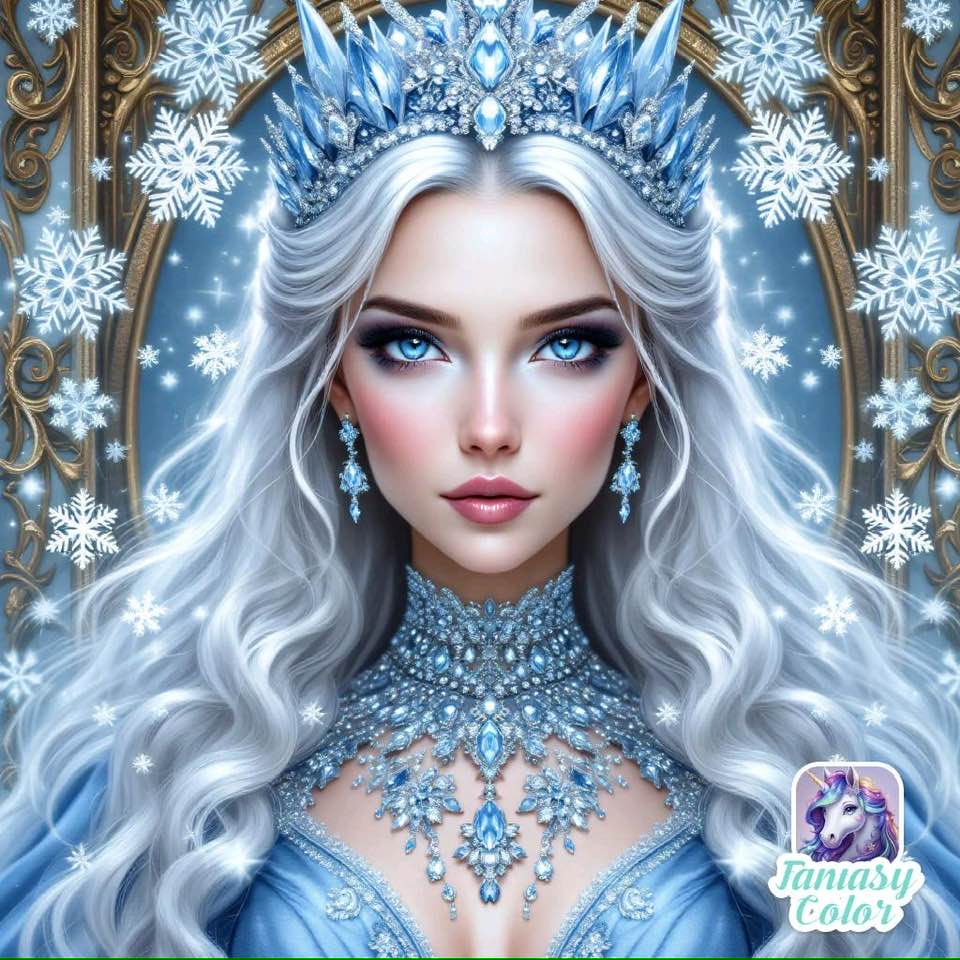 Digital portrait of woman with silver hair, blue eyes, ornate ice crown, and jeweled accessories on winter background