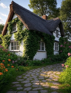 White thatched cottage with ivy-covered walls, flowering garden borders, and cobblestone path under blue sky