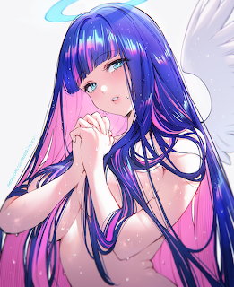 Anime angel girl with flowing purple hair, white wings, halo, and pink dress looking upward with gentle expression