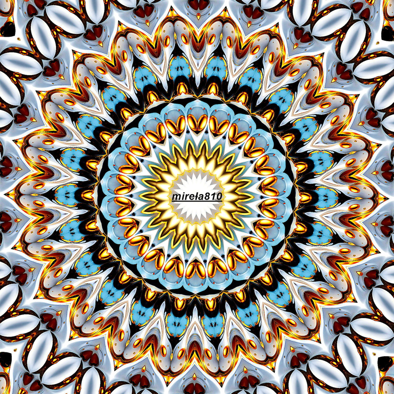 Symmetrical mandala with orange, blue, and black geometric patterns radiating from a golden center