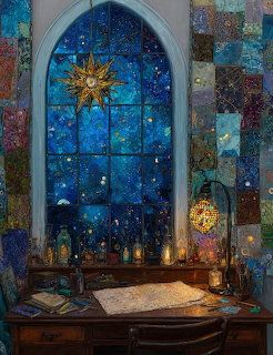 Arched window with starry night sky view, mosaic walls, candles and cushioned window seat