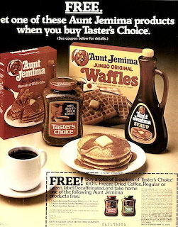 Vintage Aunt Jemima pancake and waffle breakfast products advertisement with syrup bottles and coffee cup