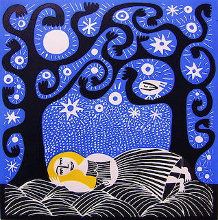 Abstract artwork of a reclining woman under a blue starry sky with swirling branches