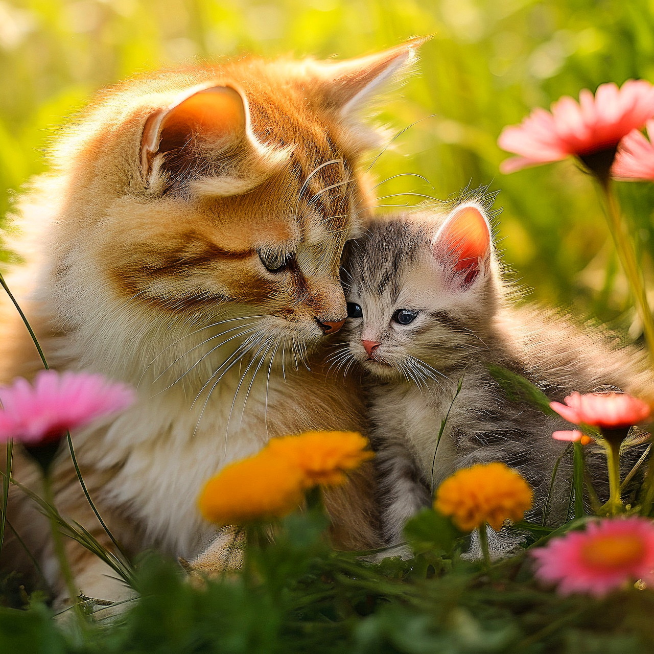 Orange and white cat affectionately touching a gray tabby kitten among pink and orange flowers in a sunny field