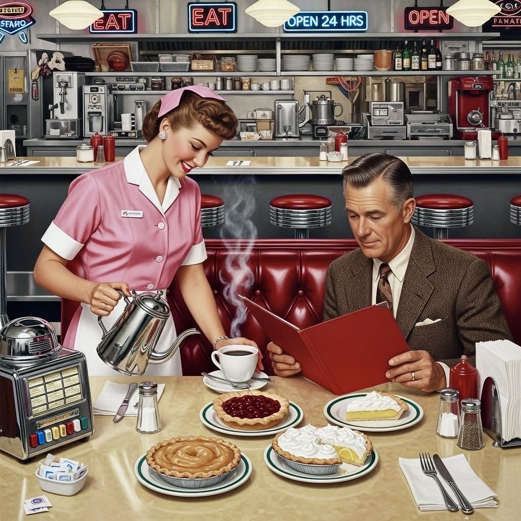 Waitress in pink uniform serving customer at classic 1950s chrome diner counter with pie and coffee