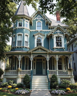 Victorian blue mansion with turret, white porch, ornate details, flower beds, and tree-lined setting
