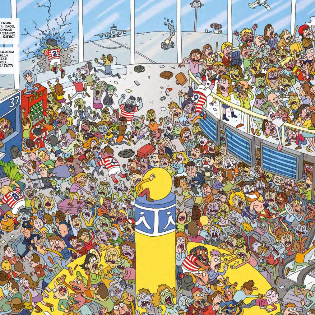 Densely crowded cartoon airport terminal filled with diverse characters and luggage in chaotic travel scene