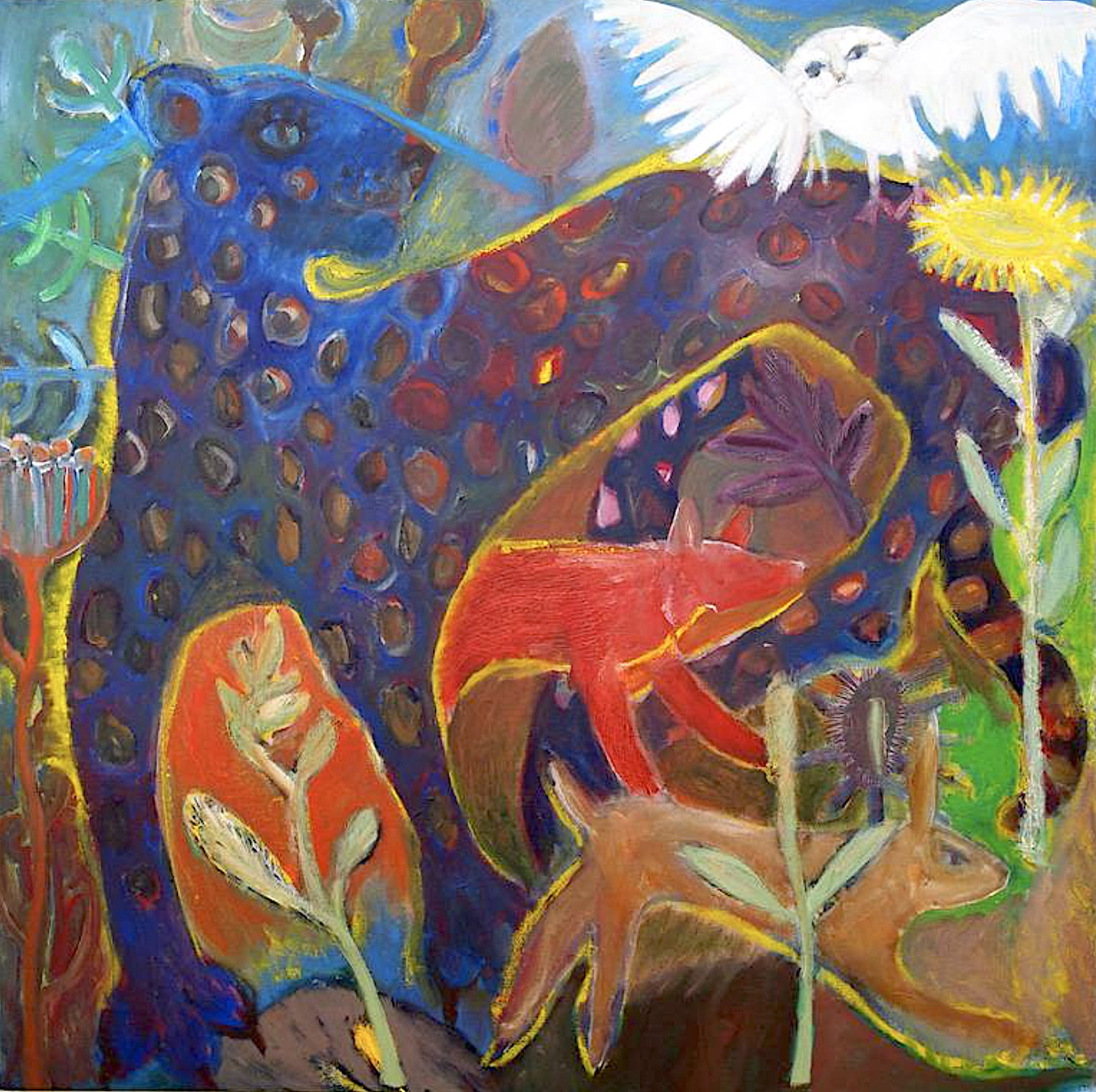 Naive painting of blue spotted panther with fox, owl and decorative plants in vibrant colors