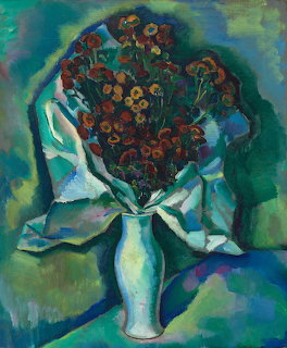 Oil painting of chrysanthemums in white vase with blue-green drapery, modernist style with bold brushstrokes