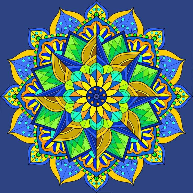Colorful geometric mandala with radiating petals in blue, yellow, and green with ornate symmetrical patterns