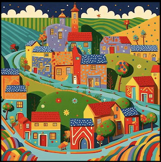 Naive art painting of colorful houses on rolling hills with a blue river and night sky