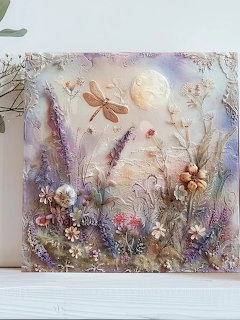 Textured relief painting of a dragonfly flying over wildflowers with a full moon in a pastel sky