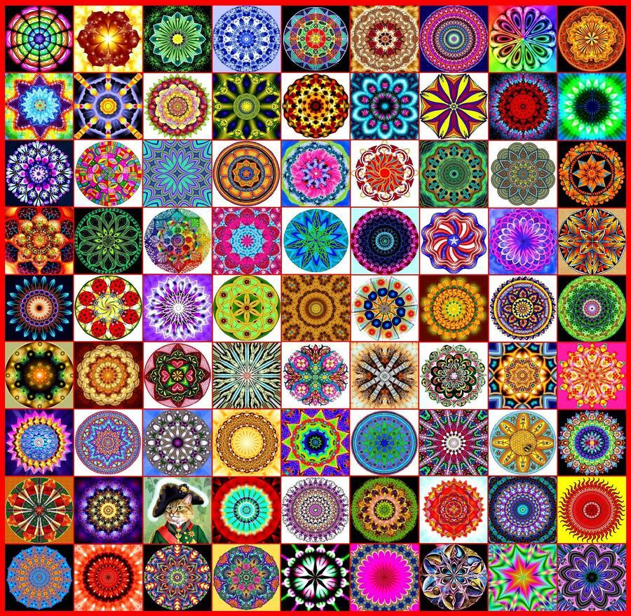 Grid of 100 colorful mandala designs with intricate geometric and floral patterns in squares