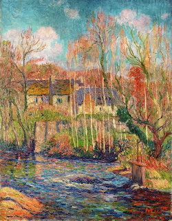 Impressionist painting of a white cottage by a river surrounded by autumn-colored trees in spring