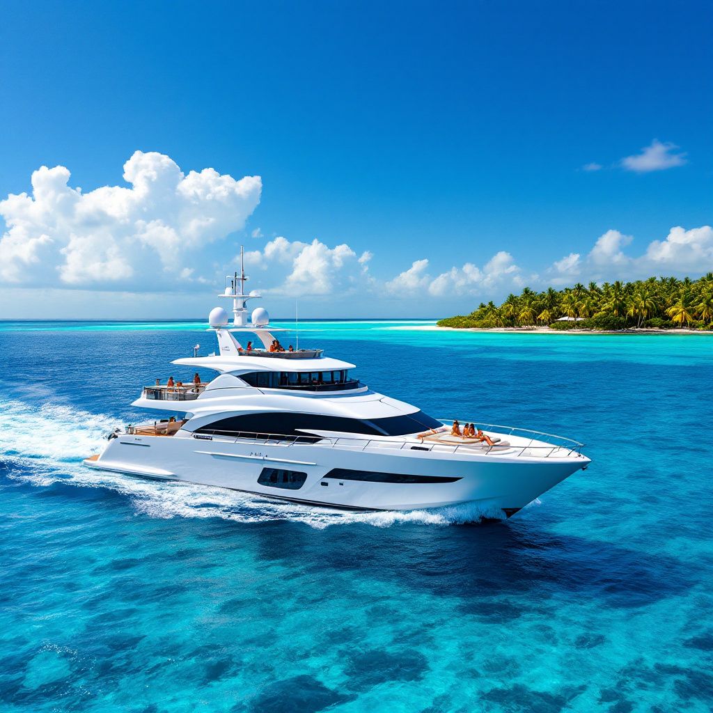 White luxury yacht sailing on turquoise tropical water near a small island