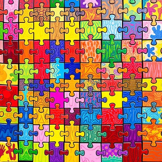 Close-up of colorful interlocking jigsaw puzzle pieces in a bright abstract pattern