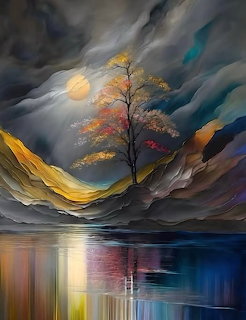 Painting of a solitary autumn tree on colorful mountains reflected in a lake under a mody moonlit sky