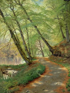 Painting of a wooded path beside a quiet river with arching trees and green foliage