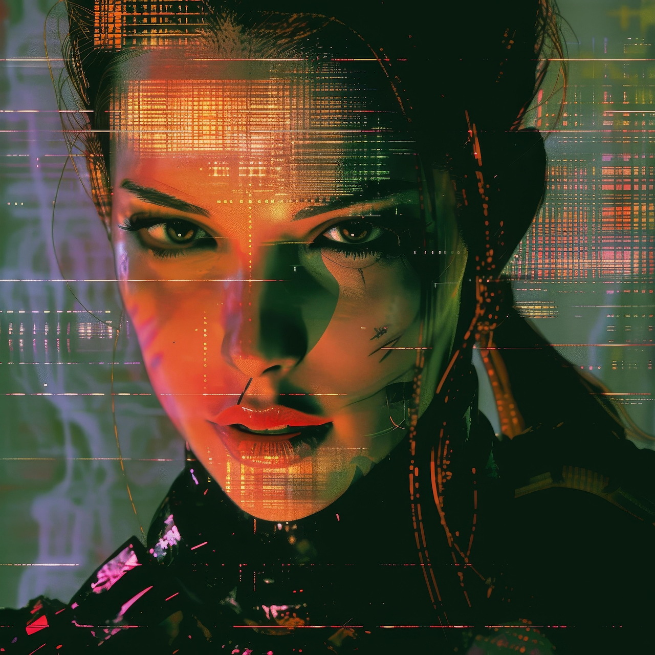 Stylized close-up of a woman's face with digital glitch effects and dark neon lighting