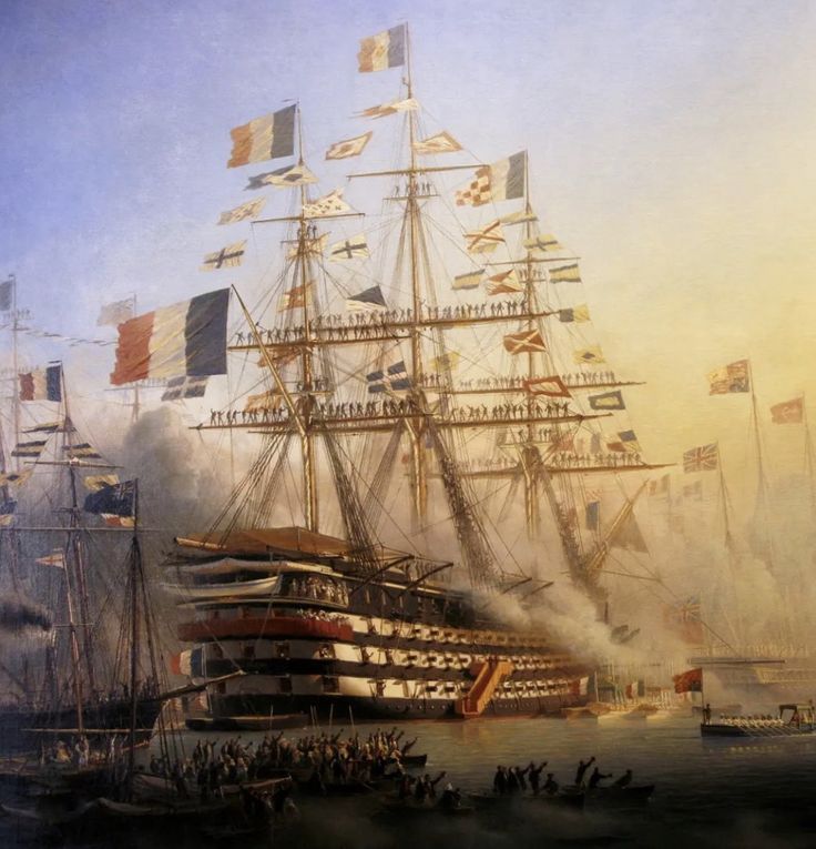 Painting of historic sailing warships with flags and smoke on the water