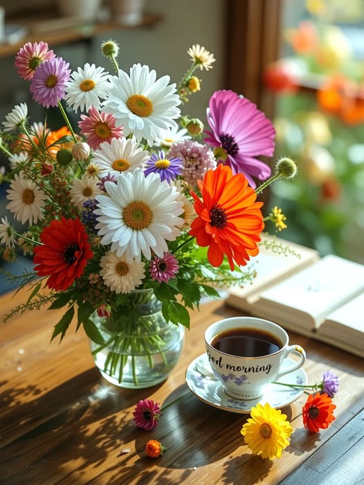 Colorful bouquet of daisies and gerberas in glass vase with coffee cup on wooden table by window