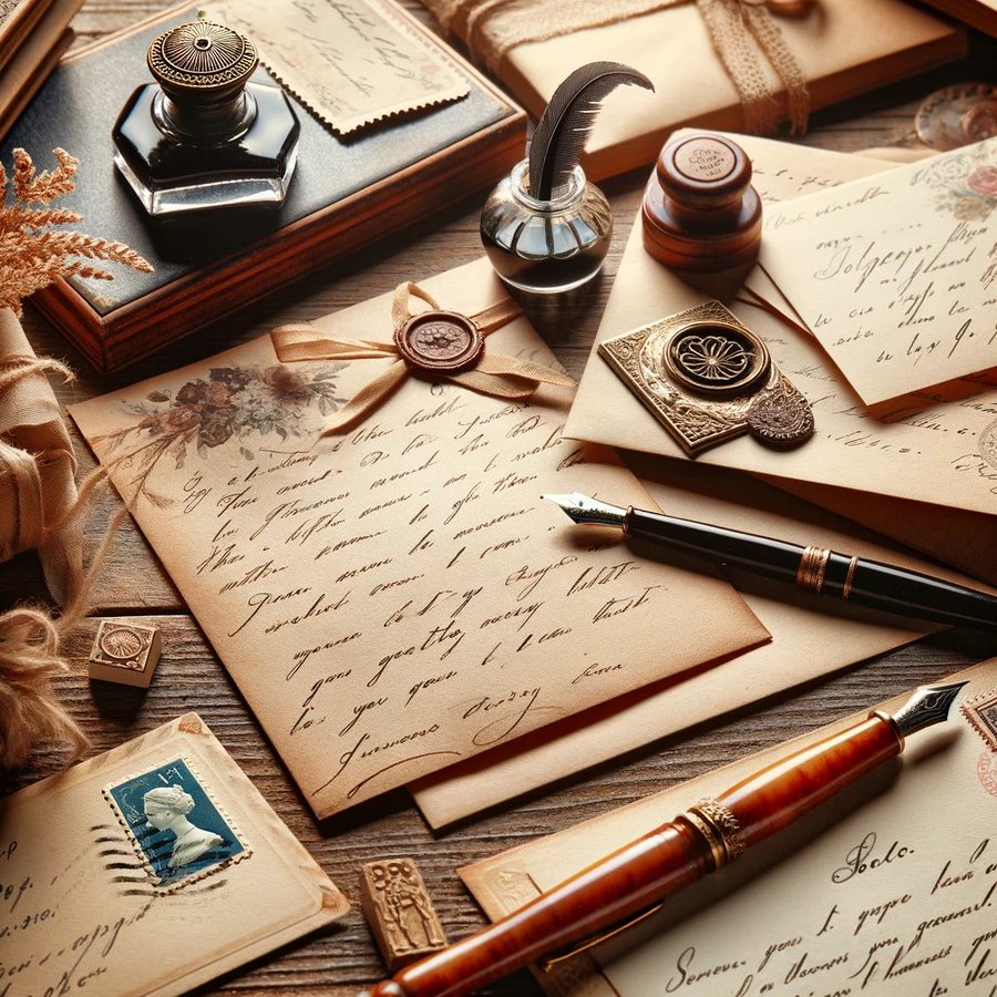 Vintage desk with quill pen, inkwell, old letters, wax seal and antique writing instruments on aged paper