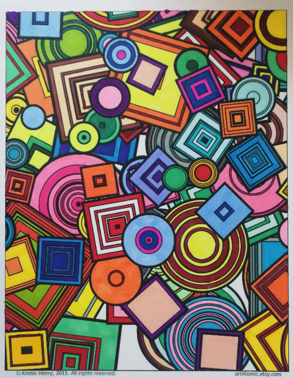 Abstract geometric pattern with colorful circles, squares, and triangles overlapping in vibrant rainbow hues