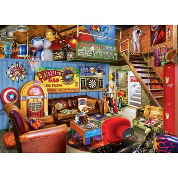 Colorful illustrated man cave room with vintage signs, leather chairs, jukebox, guitars, and garage decor