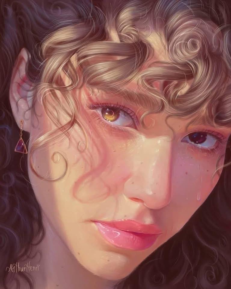 Digital painting close-up portrait of a young woman with curly hair and golden-brown eyes